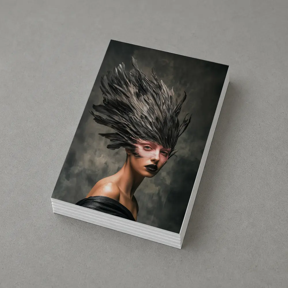 Dark Feather Headdress Woman Gray Background – Postcards