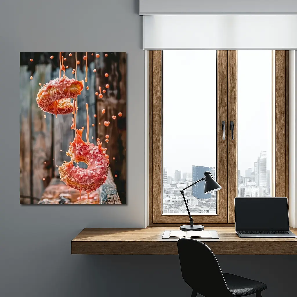Pink Glazed Donuts Falling Rustic Wood Background – Wall Art