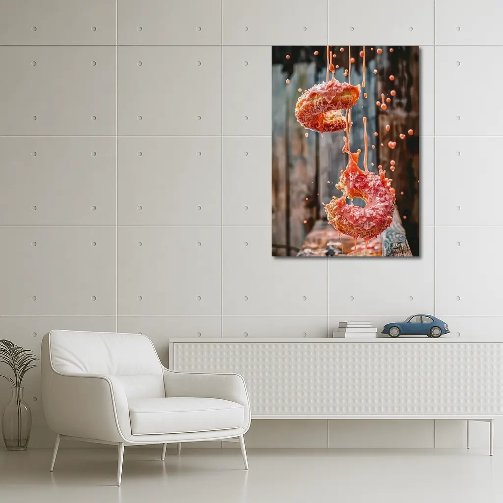 Pink Glazed Donuts Falling Rustic Wood Background – Wall Art