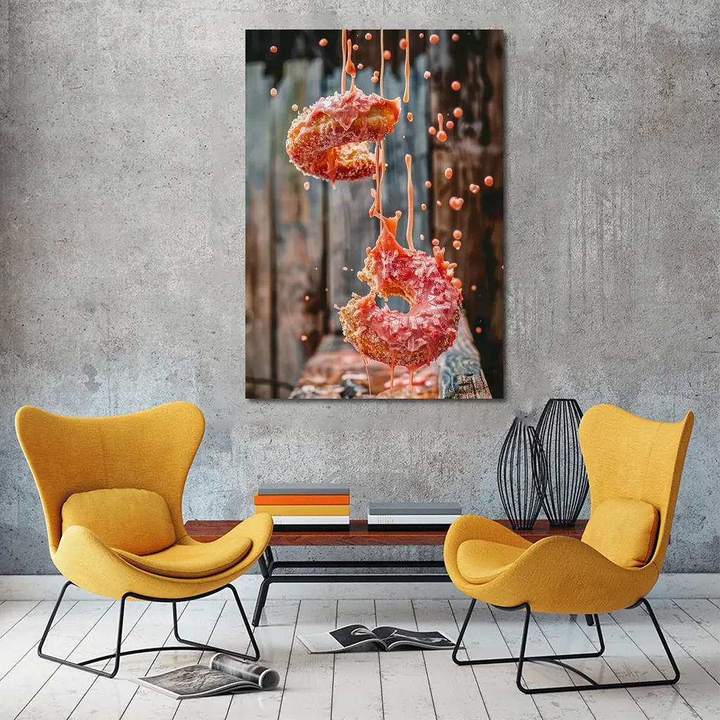 Pink Glazed Donuts Falling Rustic Wood Background – Wall Art