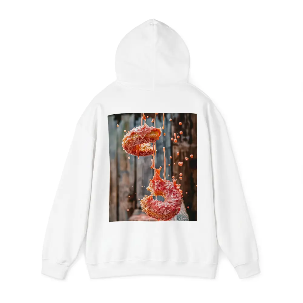 Pink Glazed Donuts Falling Rustic Wood Background – Hoodies