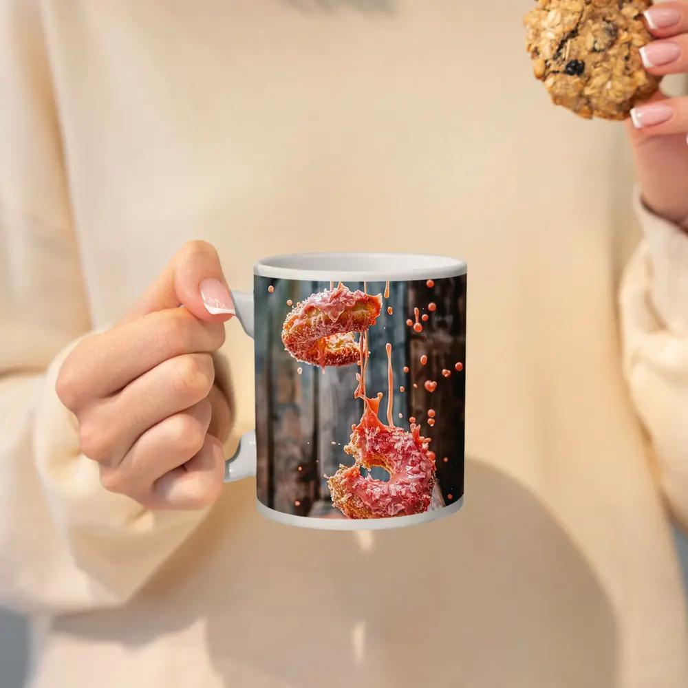 Pink Glazed Donuts Falling Rustic Wood Background – Mugs