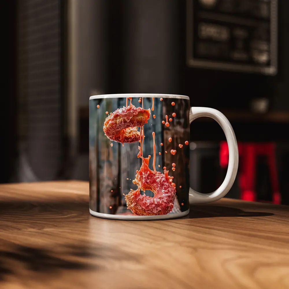 Pink Glazed Donuts Falling Rustic Wood Background – Mugs