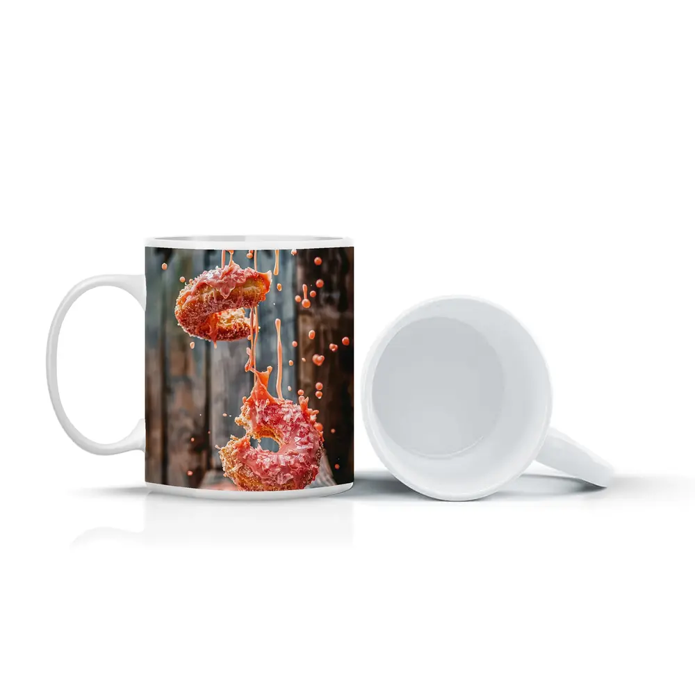 Pink Glazed Donuts Falling Rustic Wood Background – Mugs