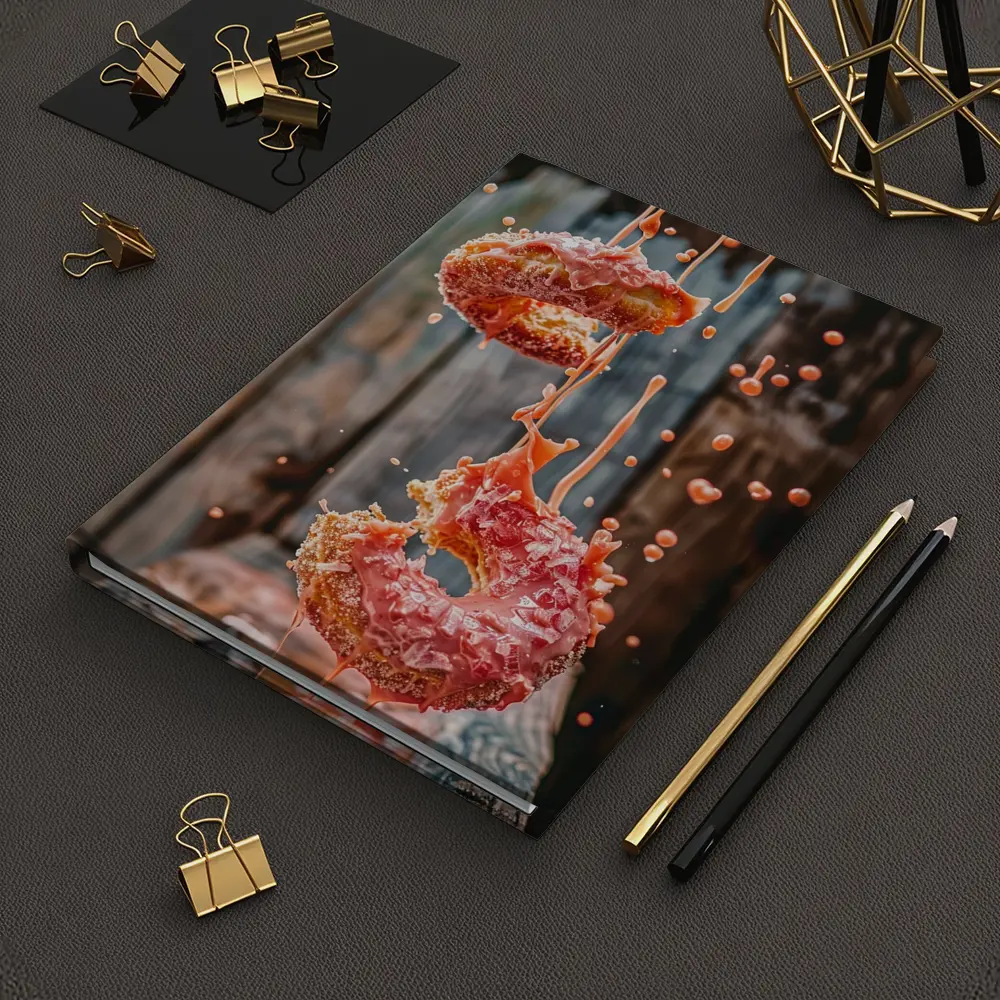 Pink Glazed Donuts Falling Rustic Wood Background – Notebooks