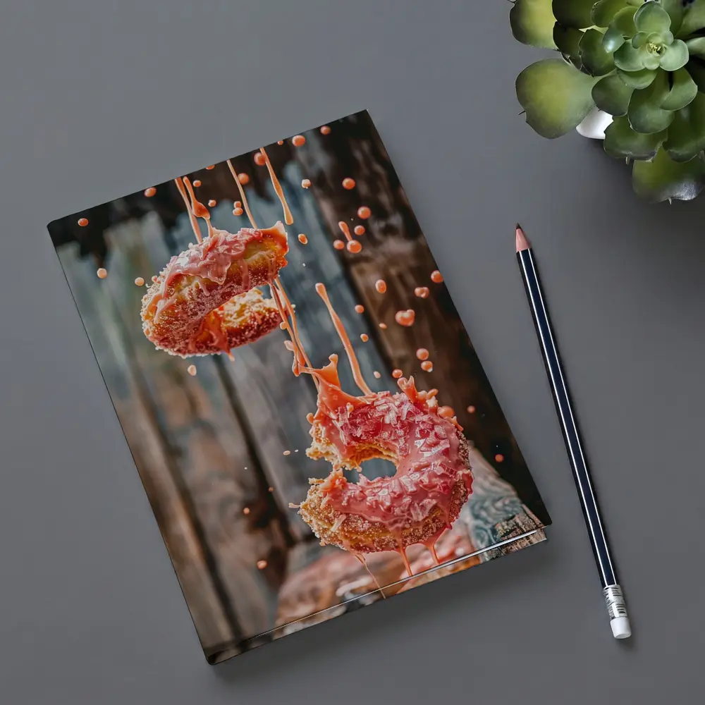 Pink Glazed Donuts Falling Rustic Wood Background – Notebooks