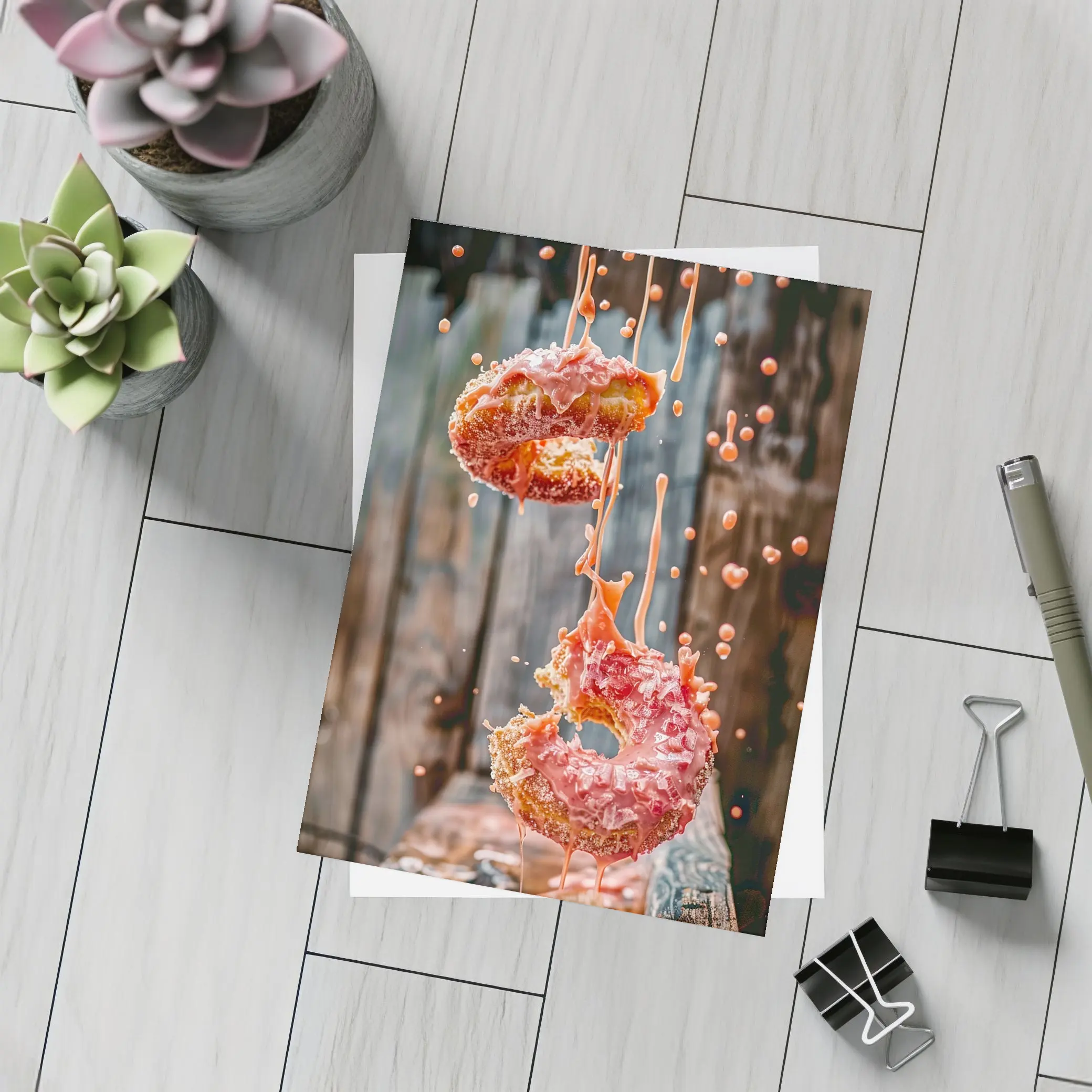 Pink Glazed Donuts Falling Rustic Wood Background – Postcards