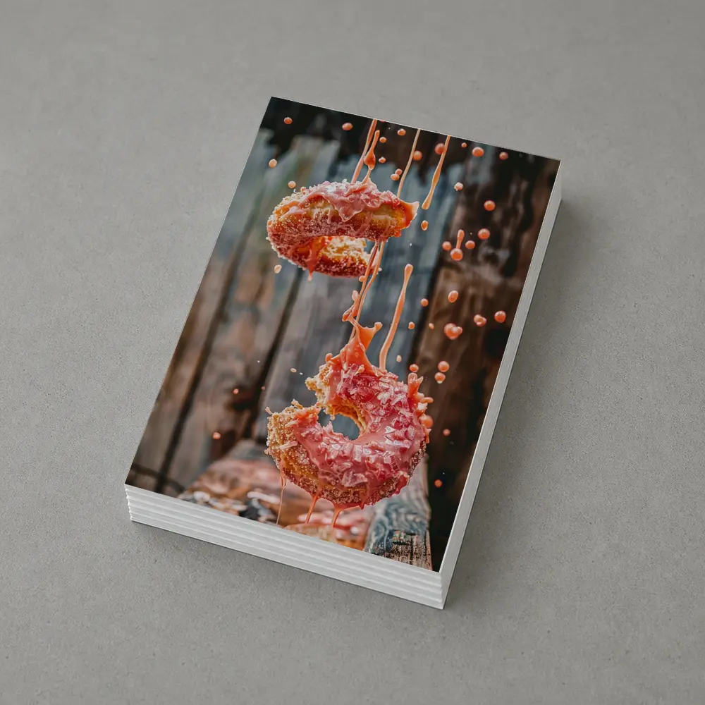 Pink Glazed Donuts Falling Rustic Wood Background – Postcards