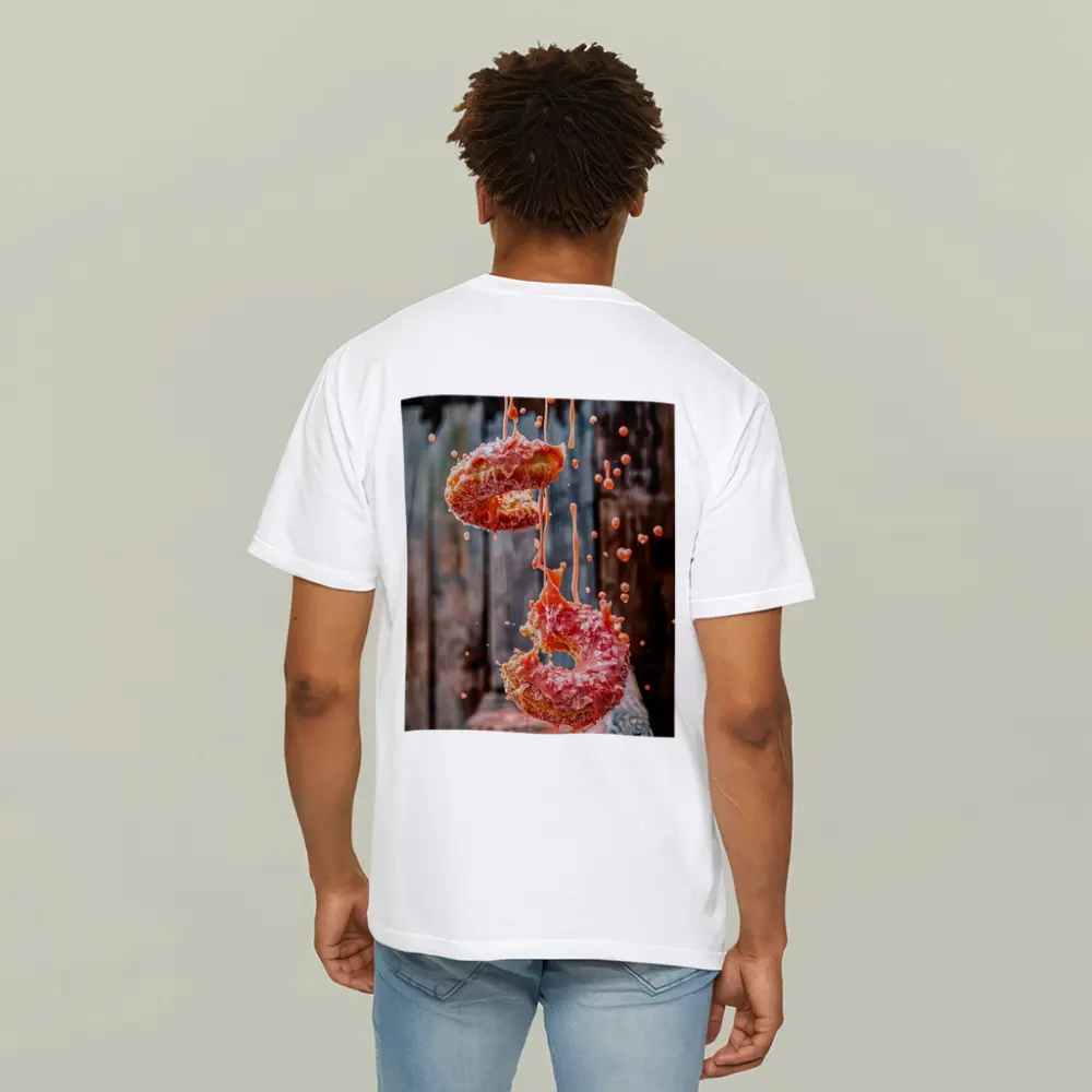 Pink Glazed Donuts Falling Rustic Wood Background – T-Shirts