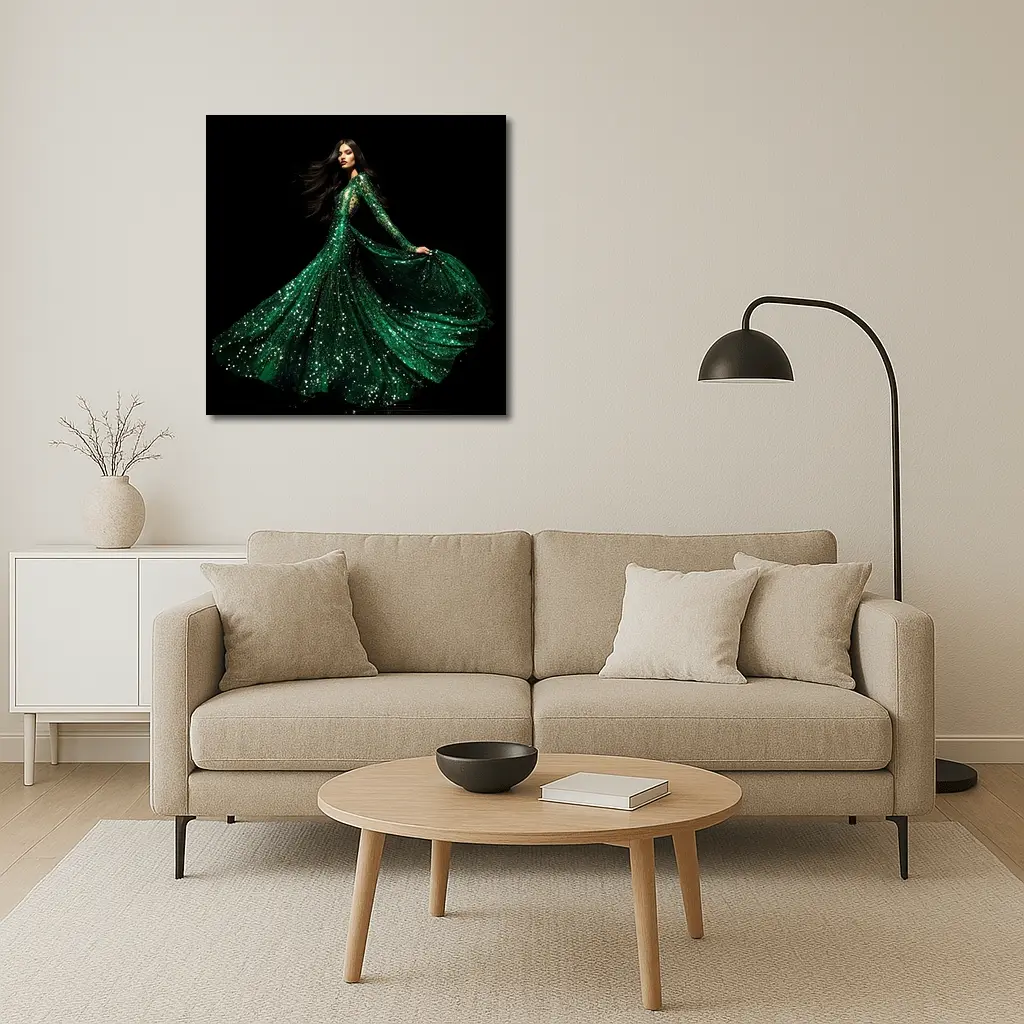 Woman Green Sequin Gown Black Background – Wall Art