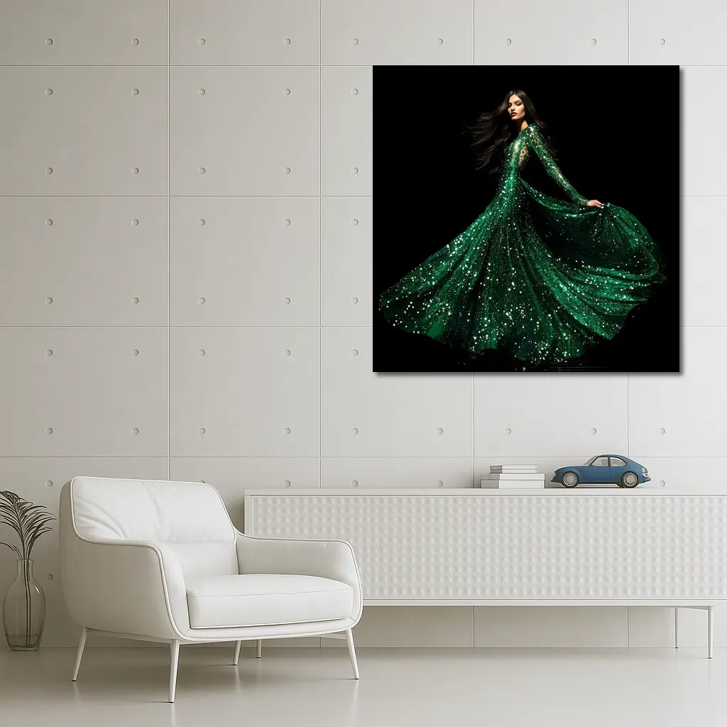 Woman Green Sequin Gown Black Background – Wall Art