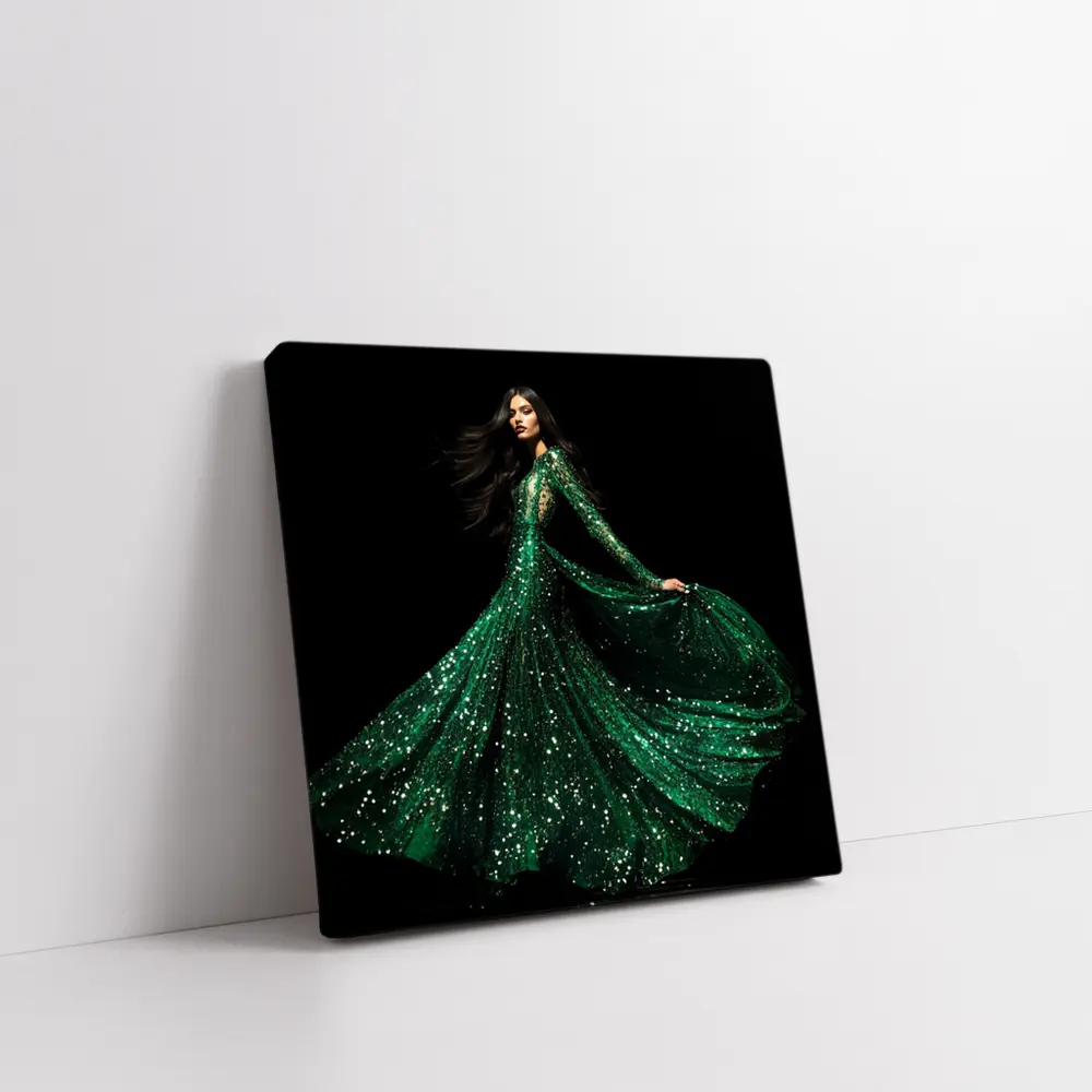 Woman Green Sequin Gown Black Background – Wall Art