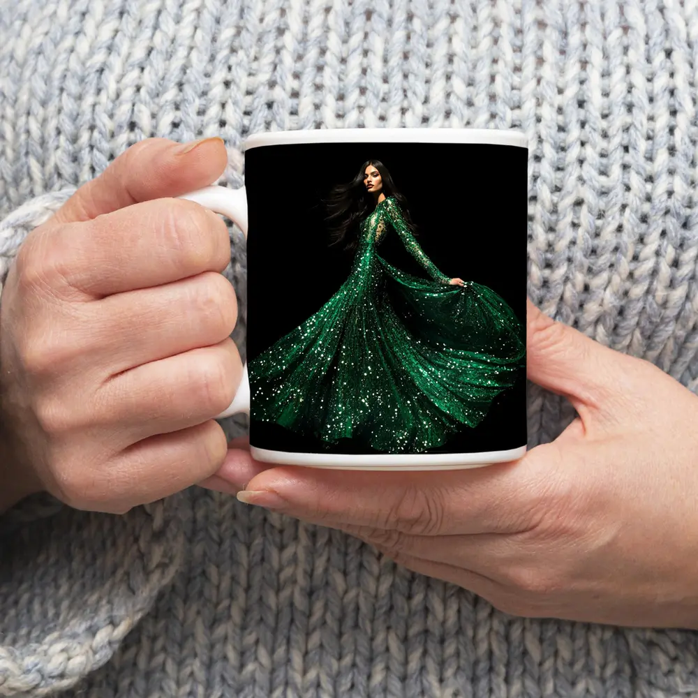 Woman Green Sequin Gown Black Background – Mugs