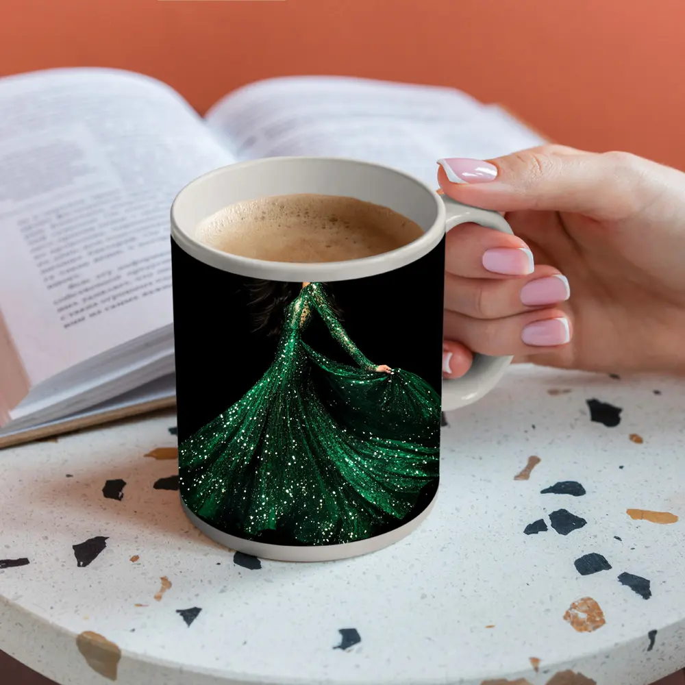 Woman Green Sequin Gown Black Background – Mugs
