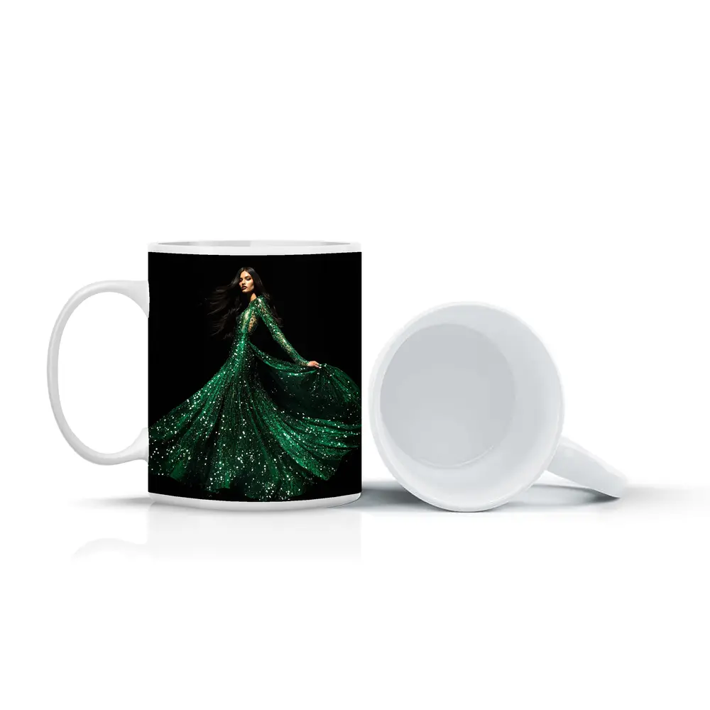 Woman Green Sequin Gown Black Background – Mugs