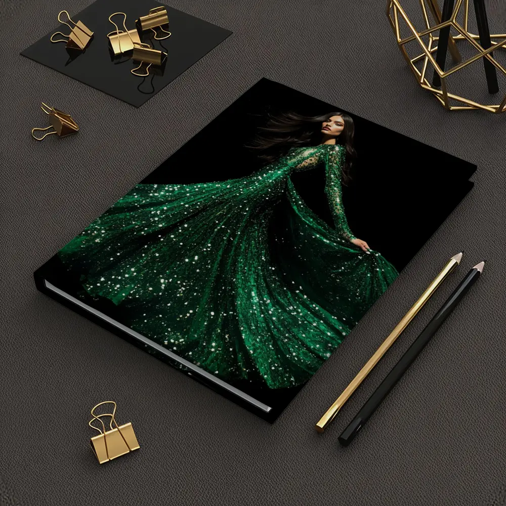 Woman Green Sequin Gown Black Background – Notebooks