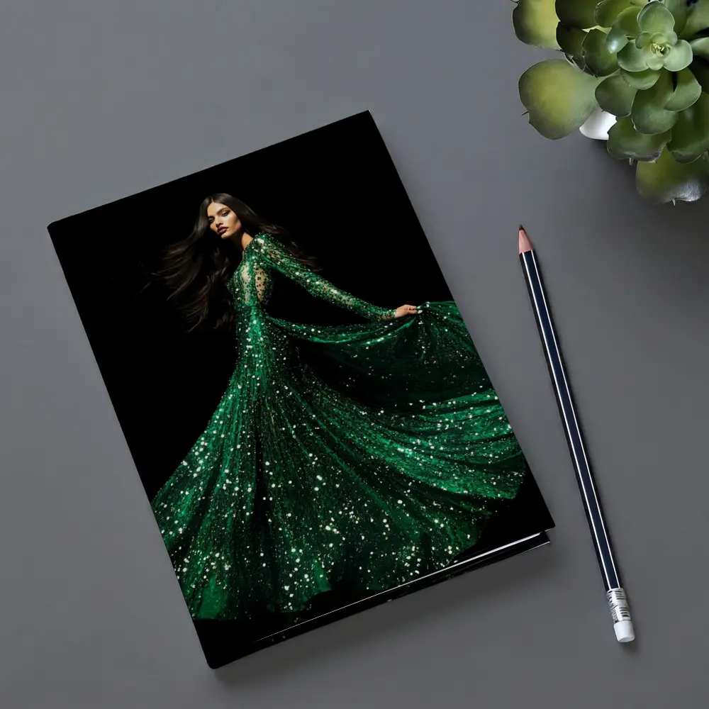 Woman Green Sequin Gown Black Background – Notebooks
