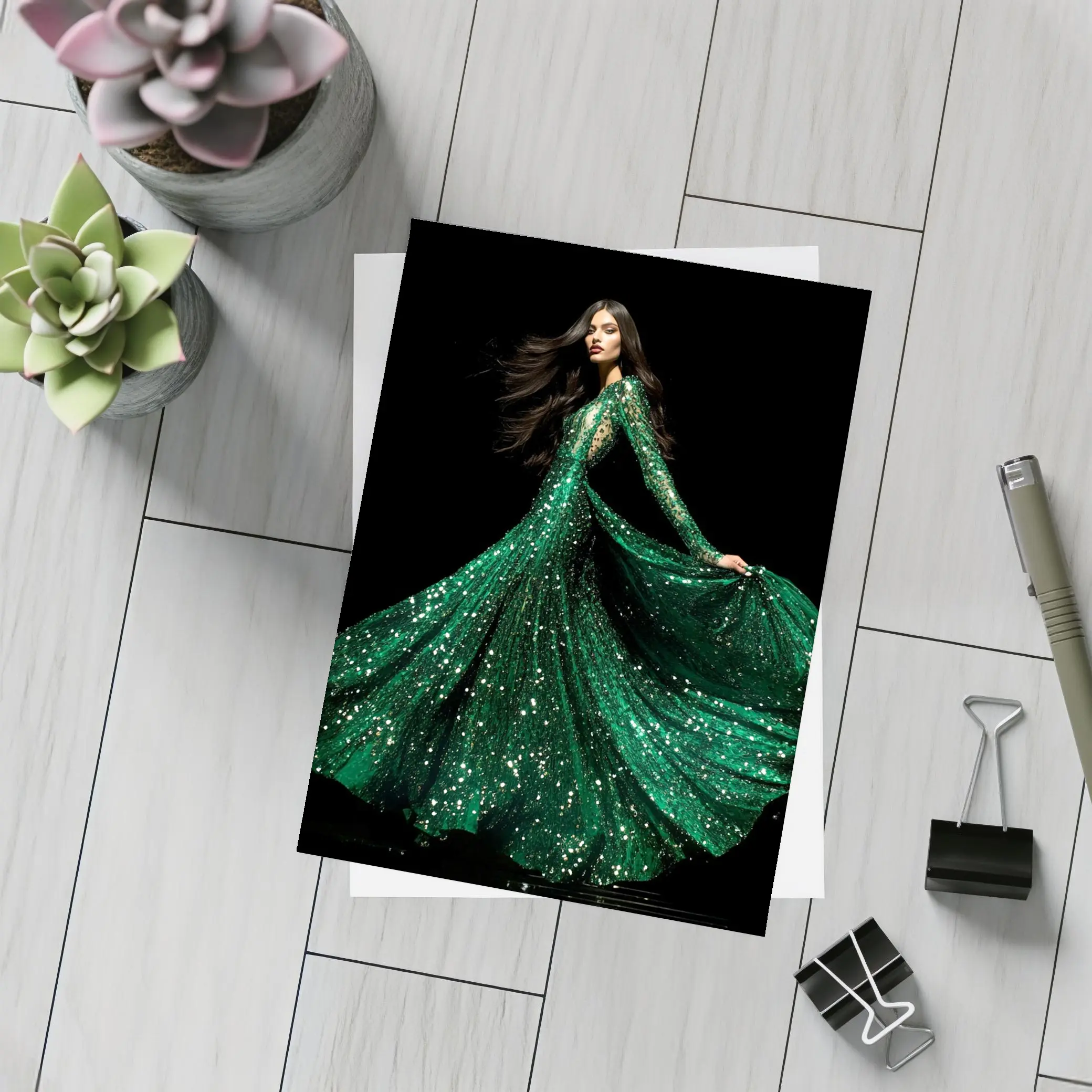 Woman Green Sequin Gown Black Background – Postcards