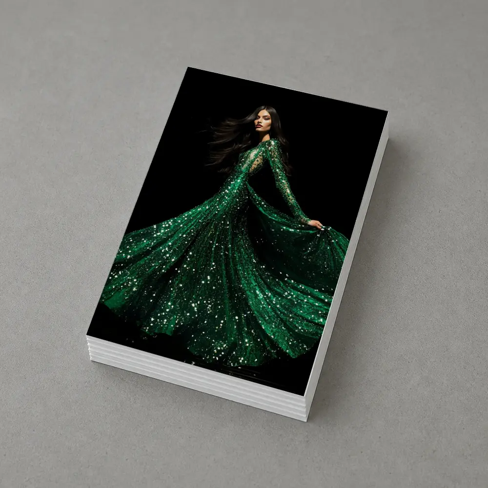 Woman Green Sequin Gown Black Background – Postcards