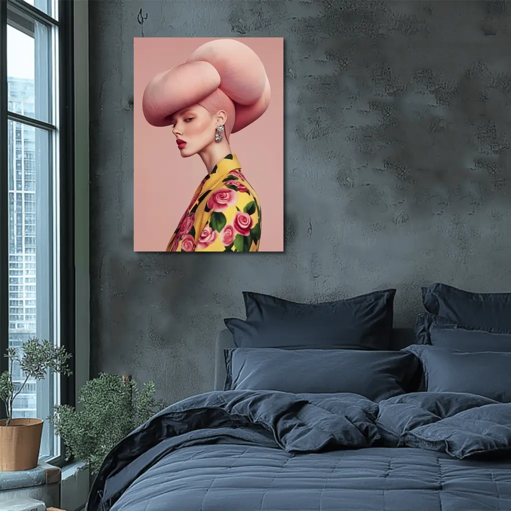 Fashion Woman Pink Sculptural Hat Floral Jacket – Wall Art
