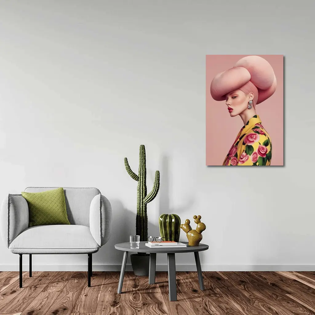 Fashion Woman Pink Sculptural Hat Floral Jacket – Wall Art