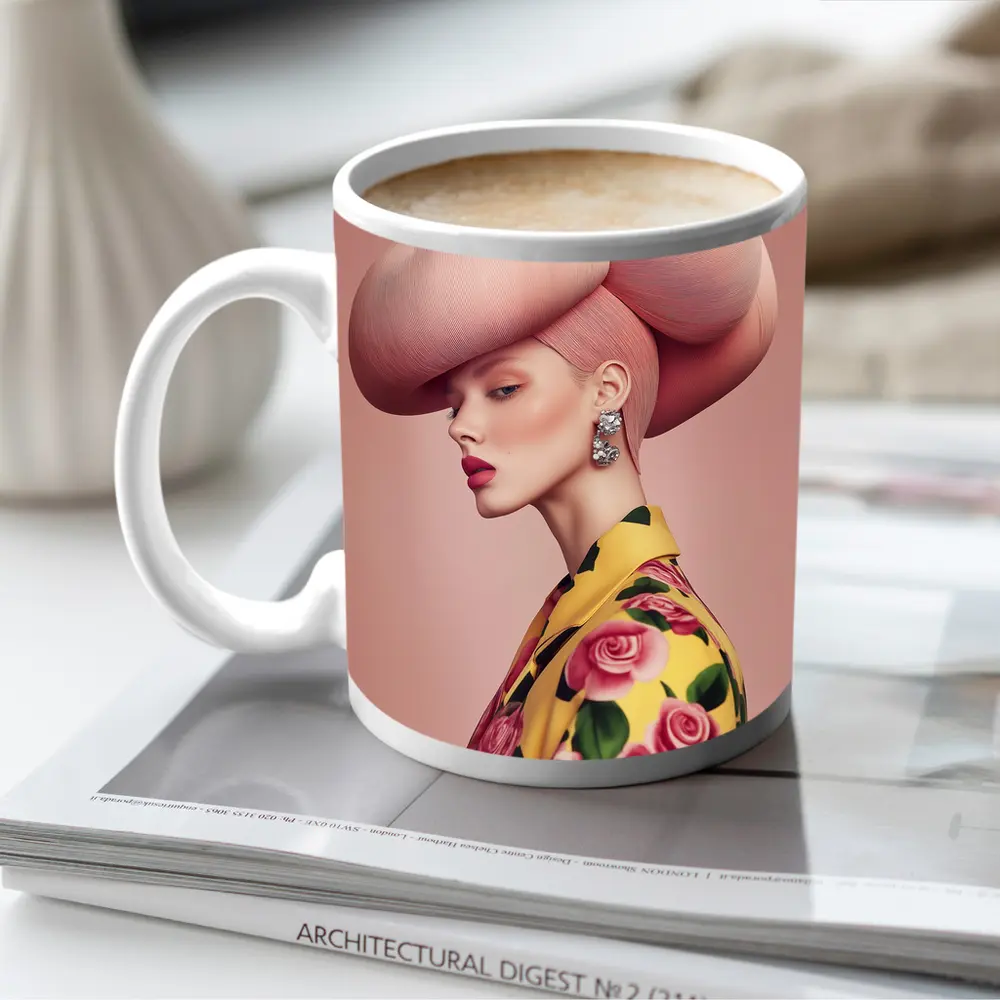 Fashion Woman Pink Sculptural Hat Floral Jacket – Mugs