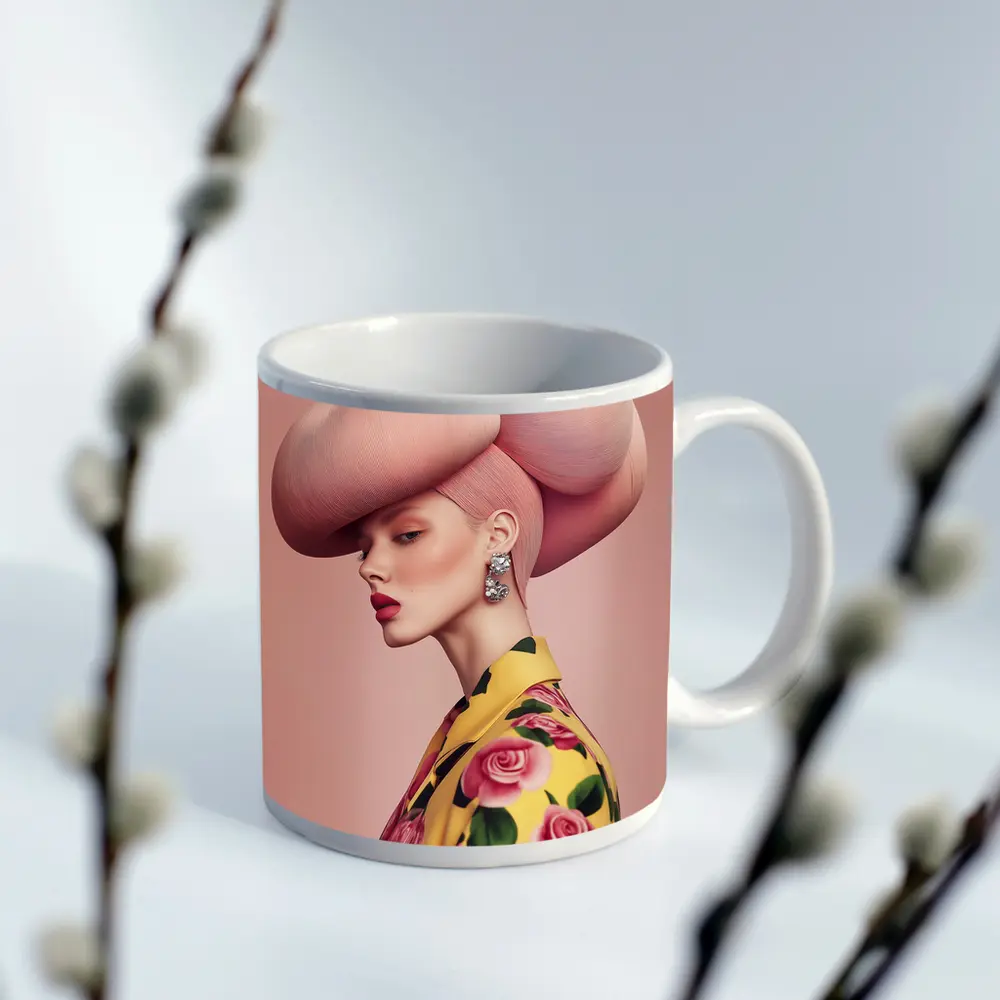 Fashion Woman Pink Sculptural Hat Floral Jacket – Mugs