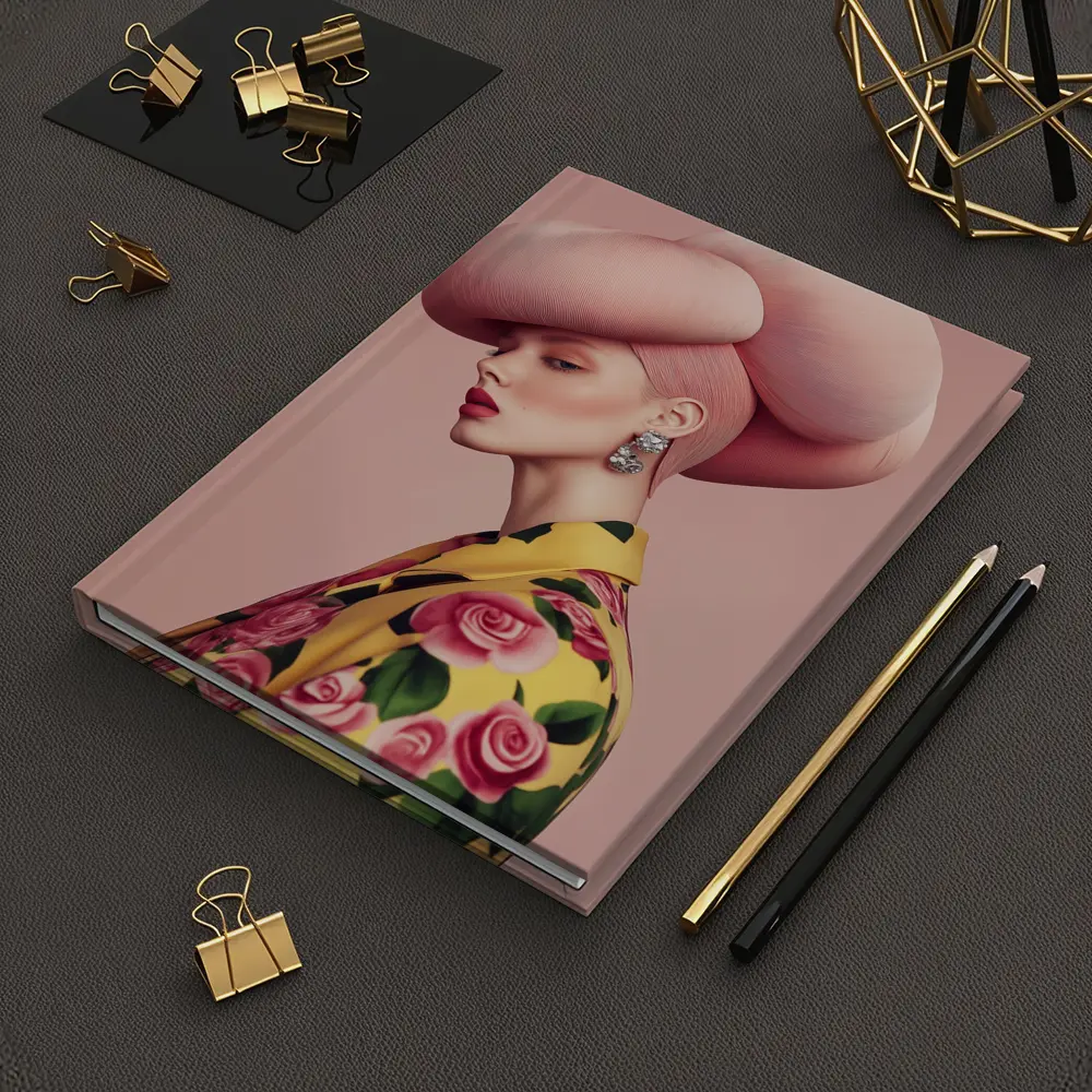 Fashion Woman Pink Sculptural Hat Floral Jacket – Notebooks