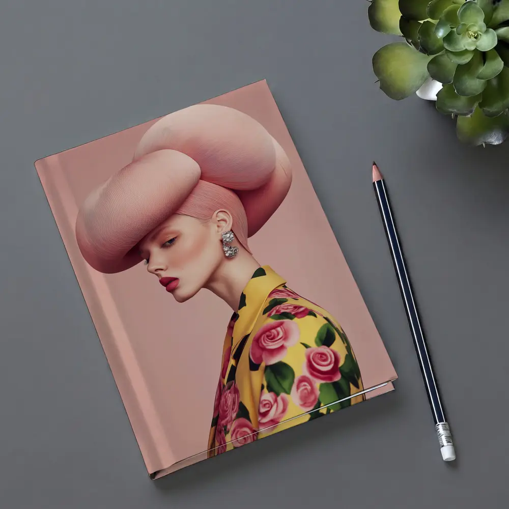 Fashion Woman Pink Sculptural Hat Floral Jacket – Notebooks