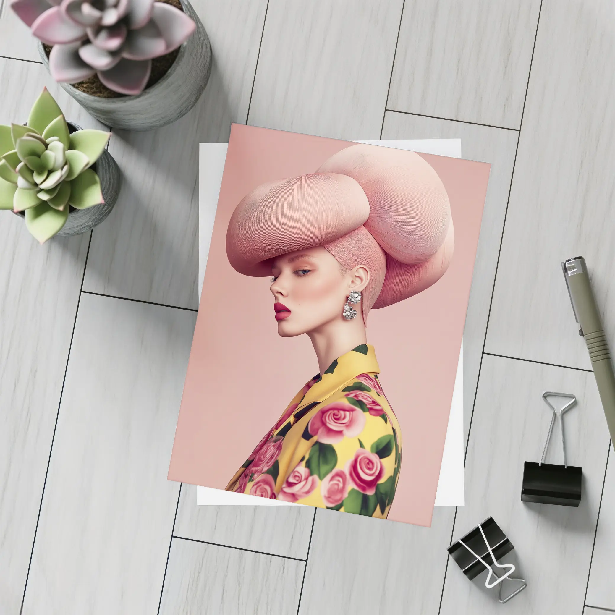 Fashion Woman Pink Sculptural Hat Floral Jacket – Postcards
