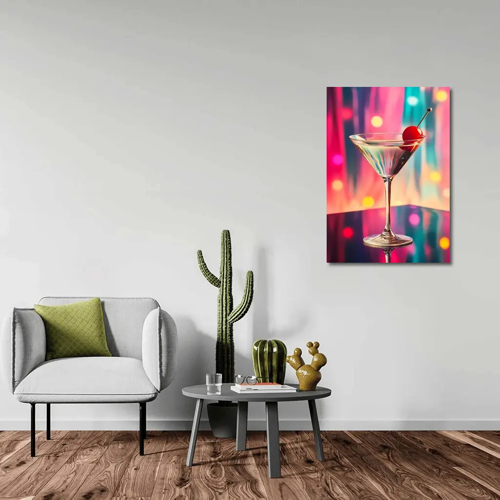 Martini Glass Cherry Colorful Bokeh Bar – Wall Art