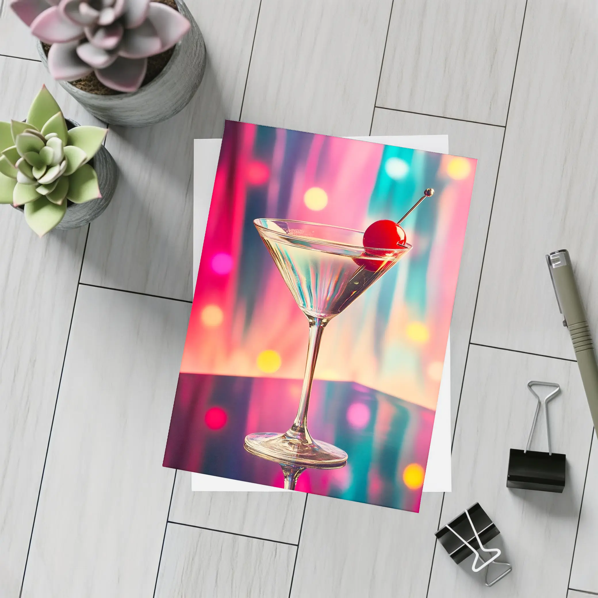 Martini Glass Cherry Colorful Bokeh Bar – Postcards