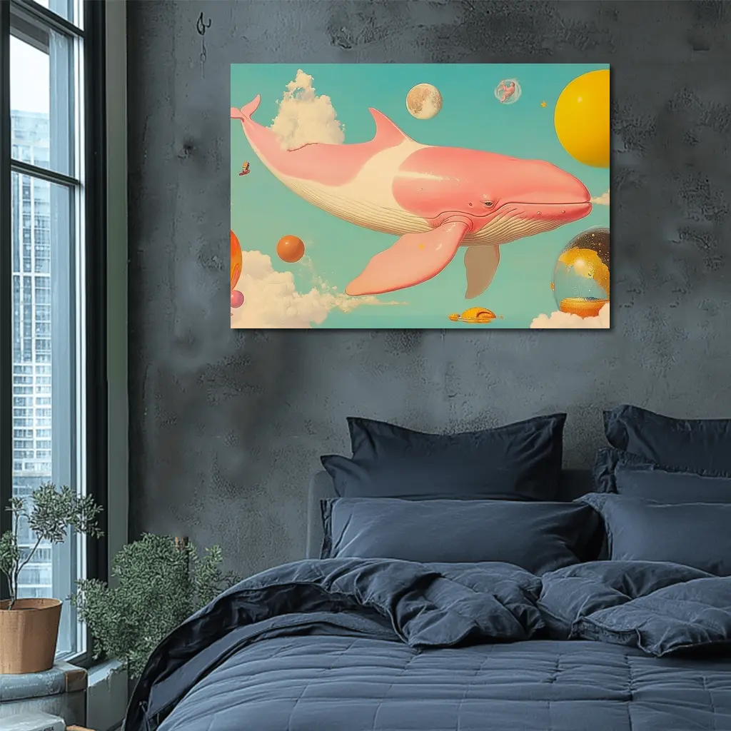 Pink Whale Flying Through Dreamy Sky – Wall Art