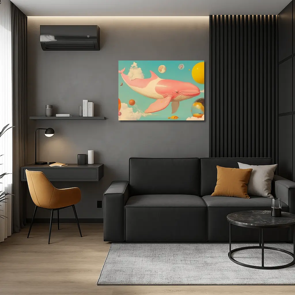 Pink Whale Flying Through Dreamy Sky – Wall Art