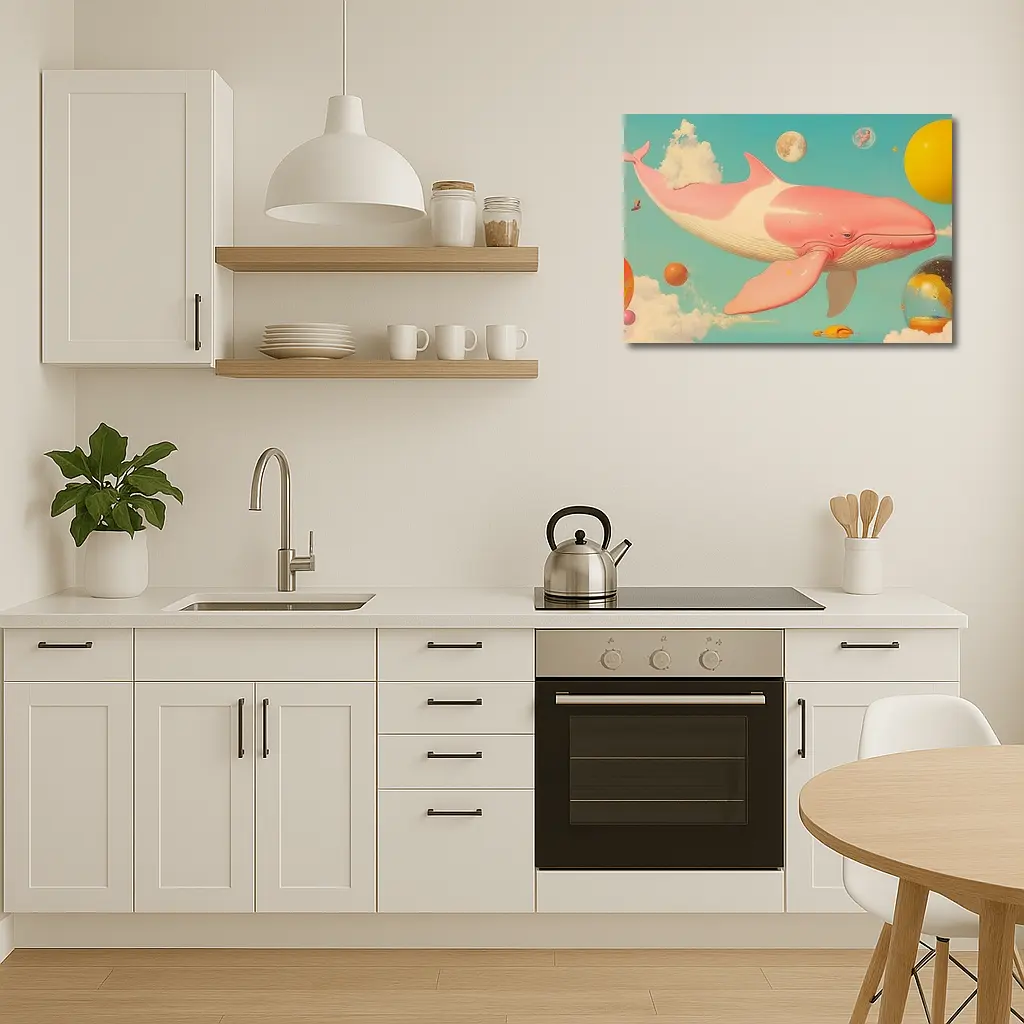 Pink Whale Flying Through Dreamy Sky – Wall Art