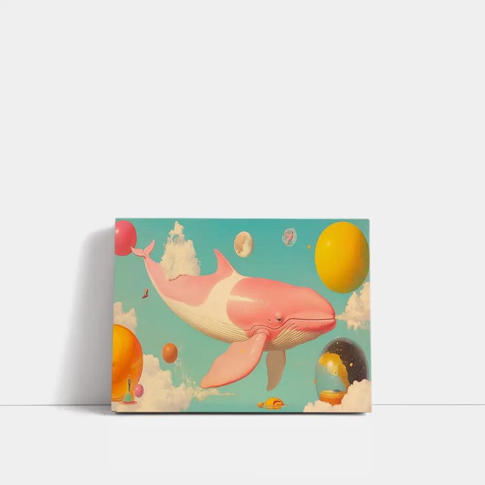 Pink Whale Flying Through Dreamy Sky – Wall Art