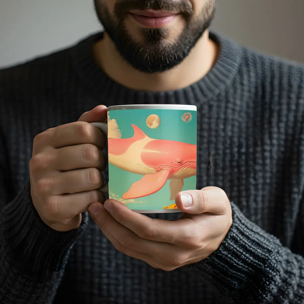 Pink Whale Flying Through Dreamy Sky – Mugs