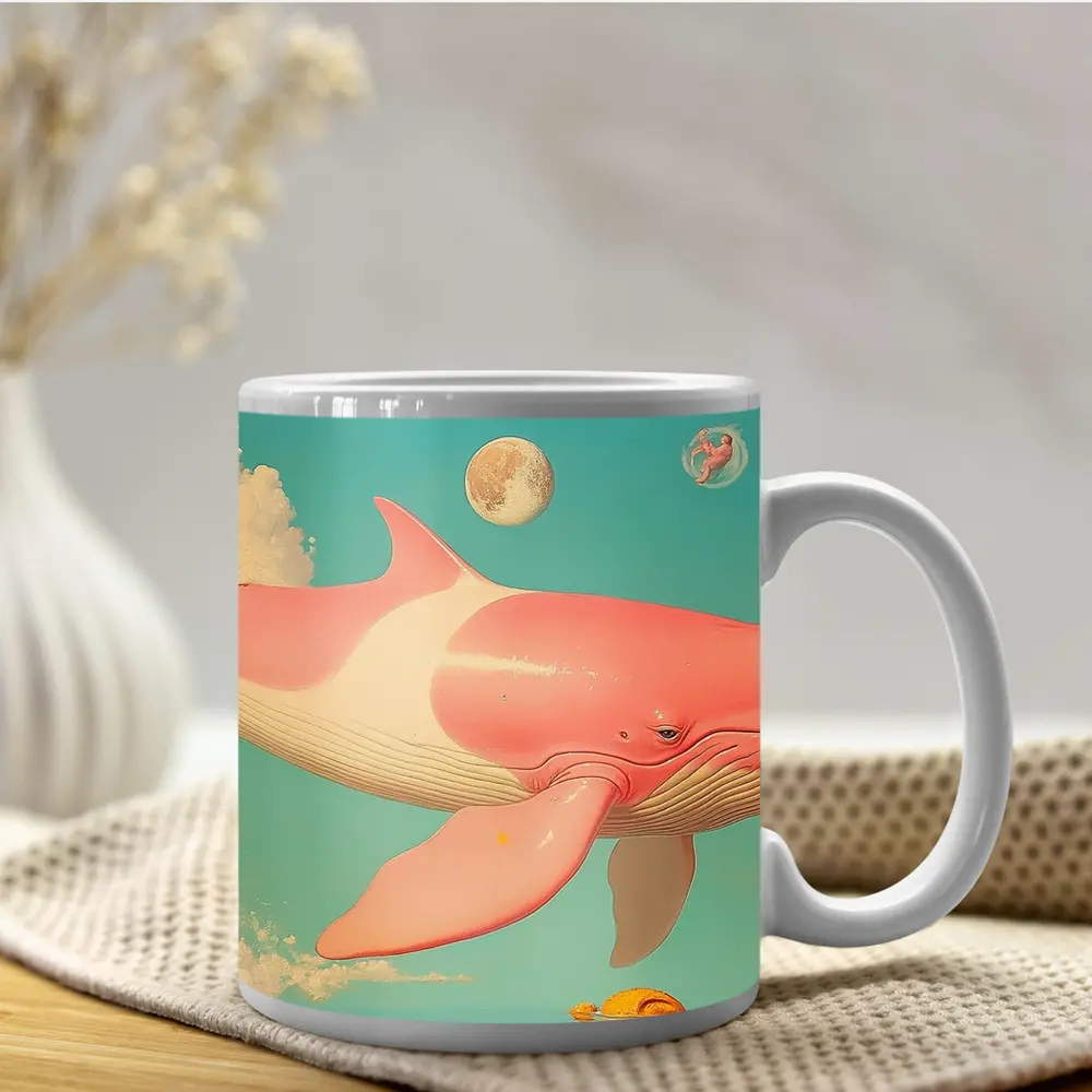 Pink Whale Flying Through Dreamy Sky – Mugs