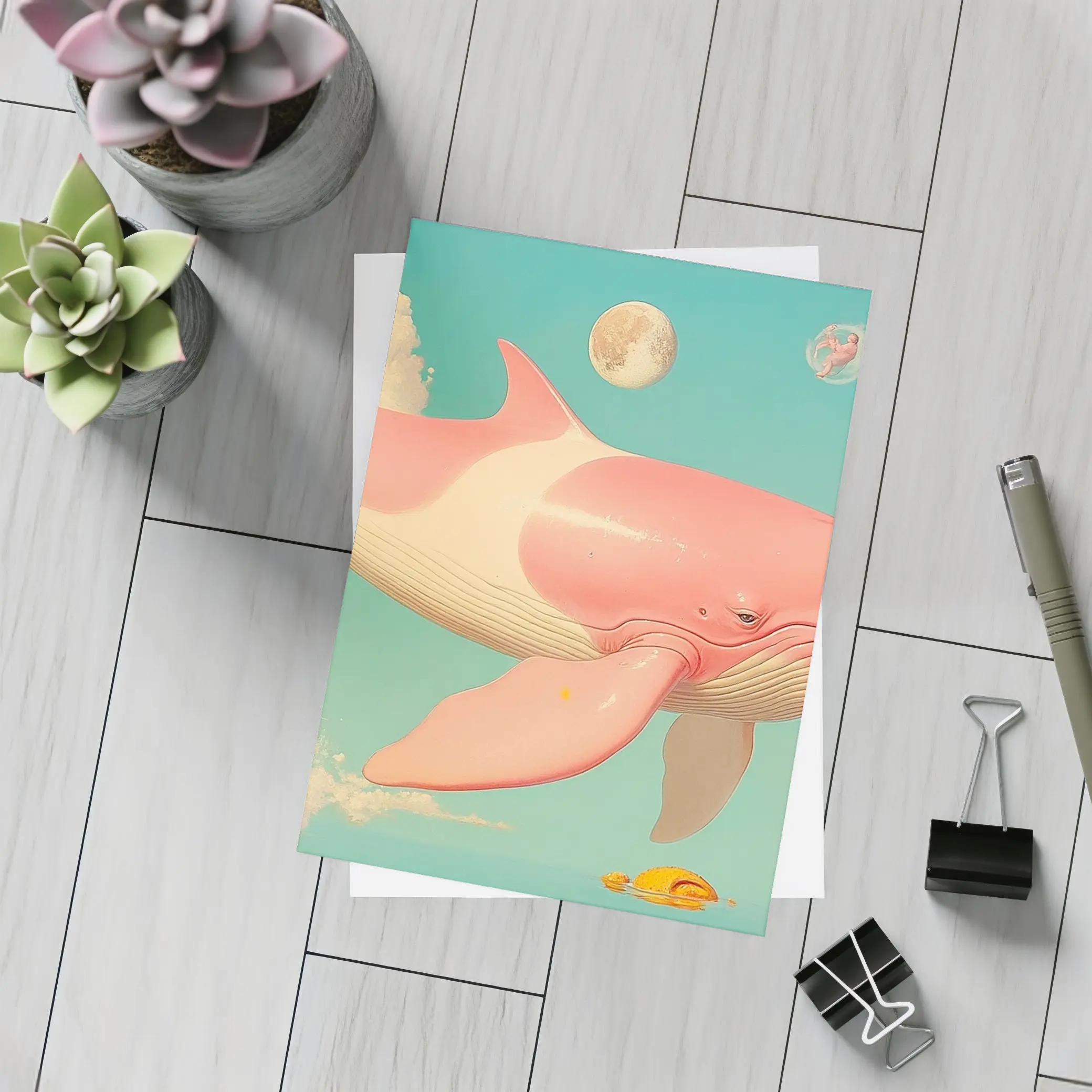 Pink Whale Flying Through Dreamy Sky – Postcards