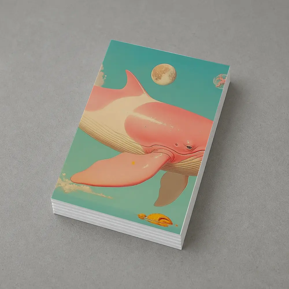 Pink Whale Flying Through Dreamy Sky – Postcards