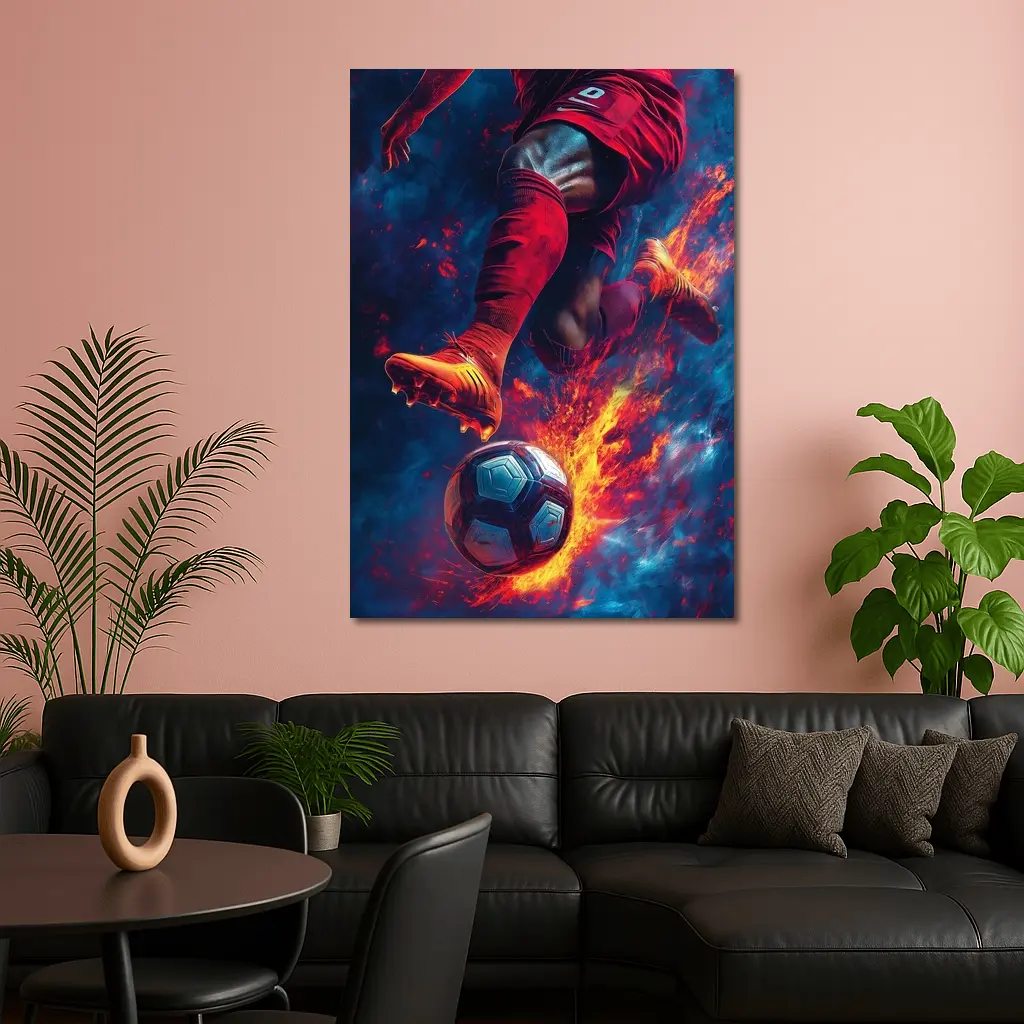 Soccer Player Kicking Ball Fire Art – Wall Art
