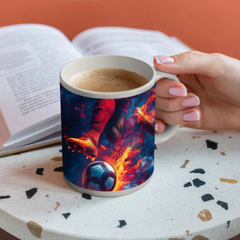 Soccer Player Kicking Ball Fire Art – Mugs