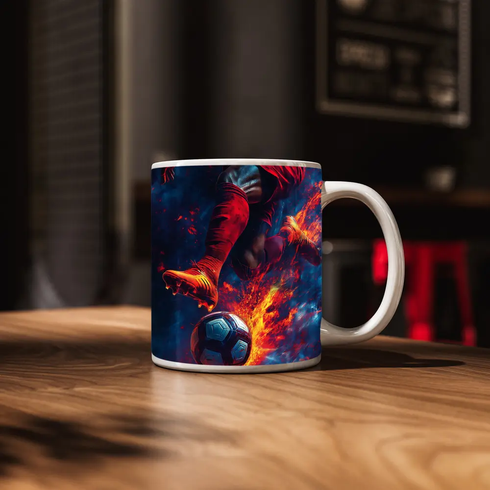 Soccer Player Kicking Ball Fire Art – Mugs