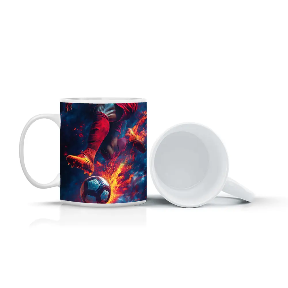 Soccer Player Kicking Ball Fire Art – Mugs