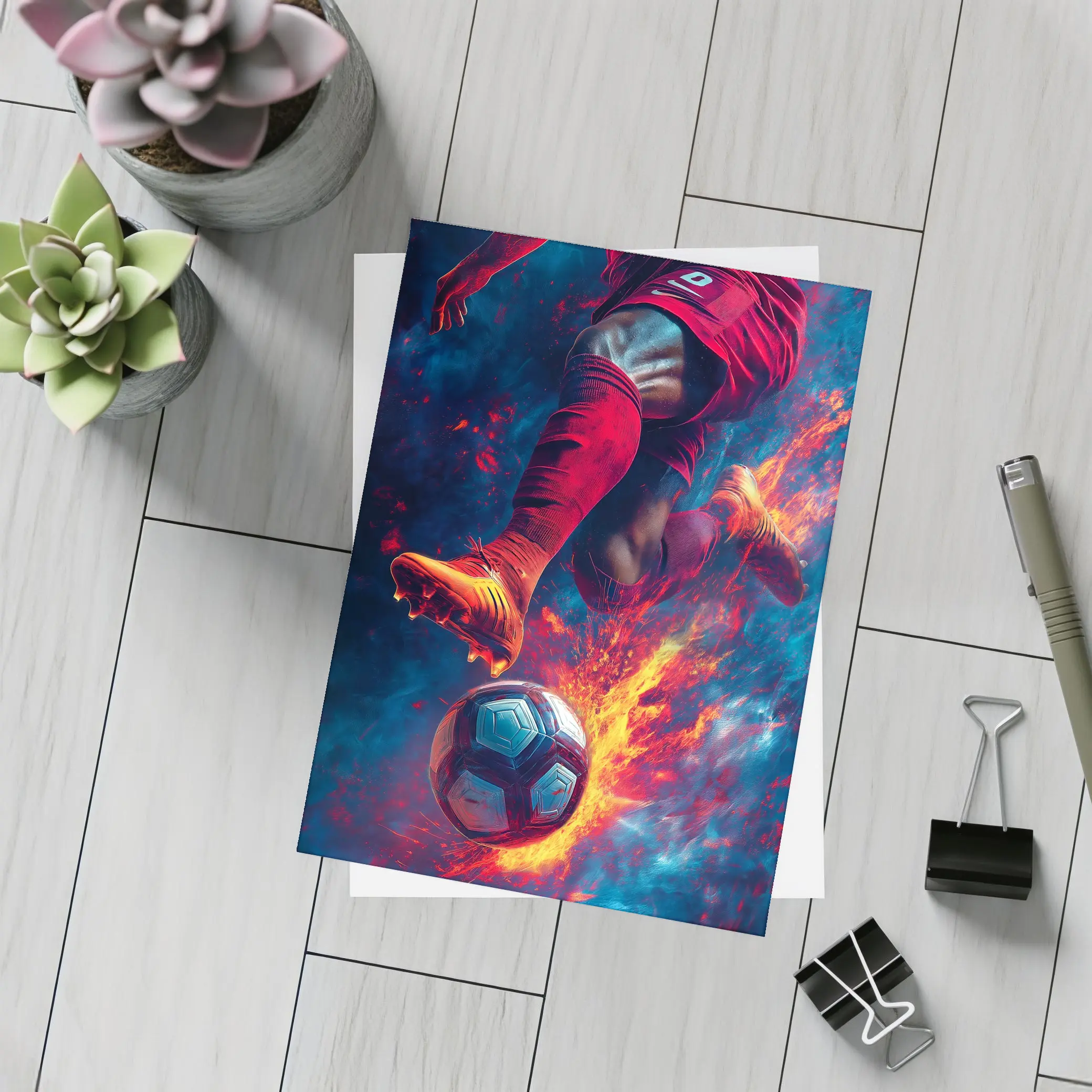 Soccer Player Kicking Ball Fire Art – Postcards