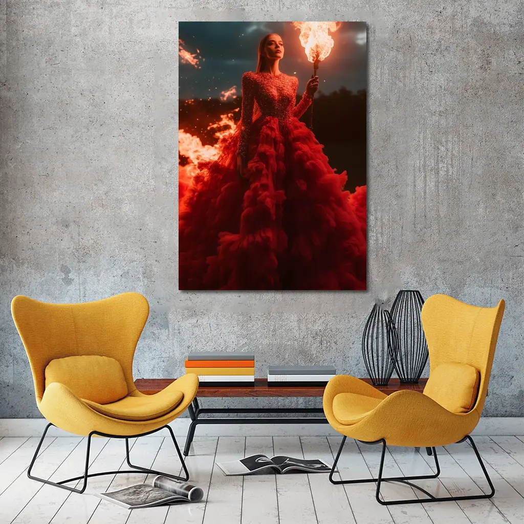 Woman Red Gown Holding Fire Torch – Wall Art
