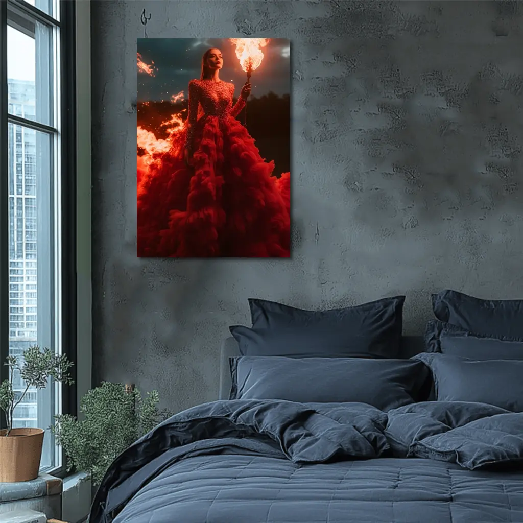 Woman Red Gown Holding Fire Torch – Wall Art
