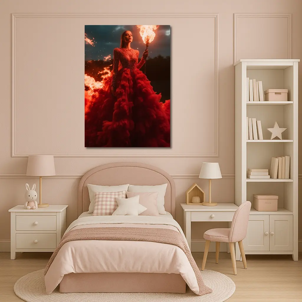 Woman Red Gown Holding Fire Torch – Wall Art