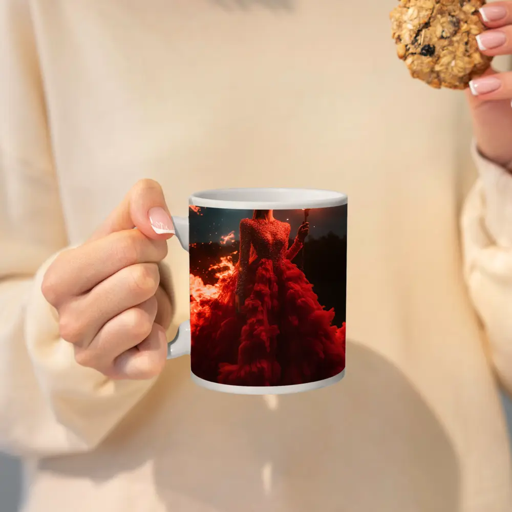 Woman Red Gown Holding Fire Torch – Mugs