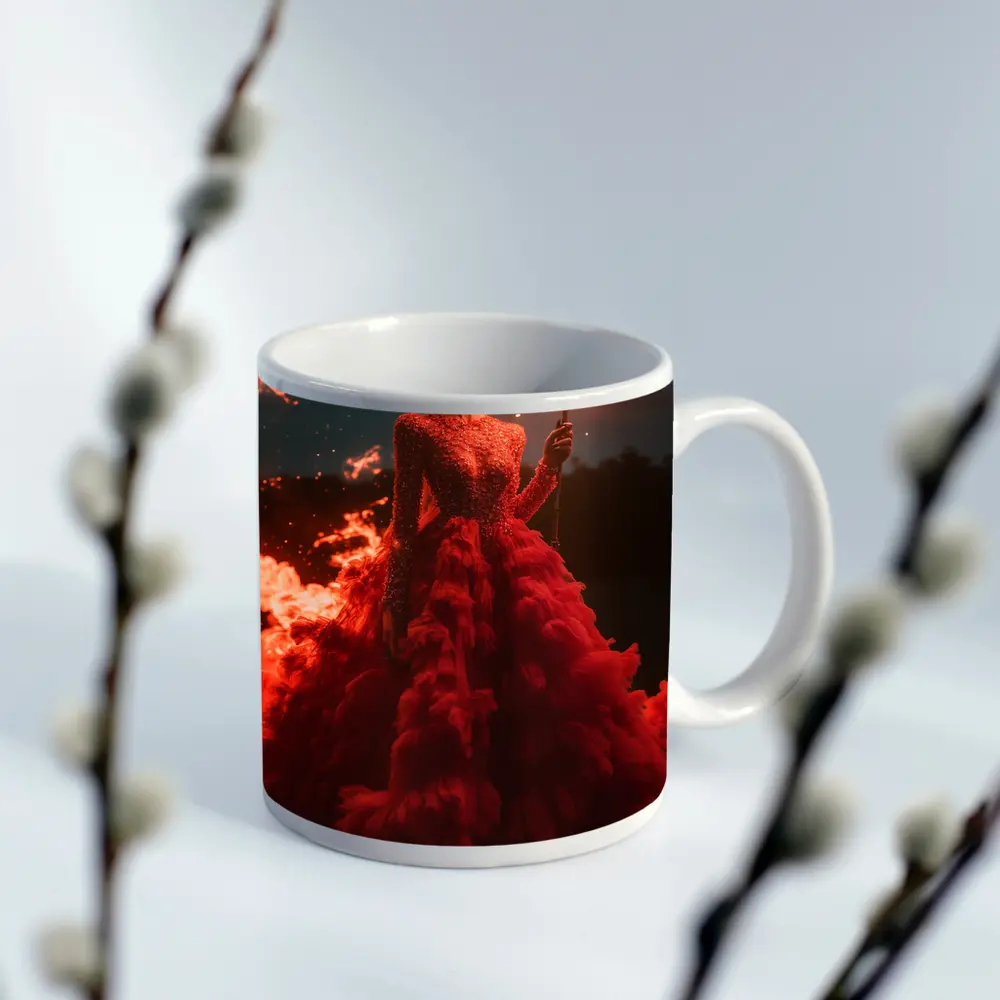 Woman Red Gown Holding Fire Torch – Mugs